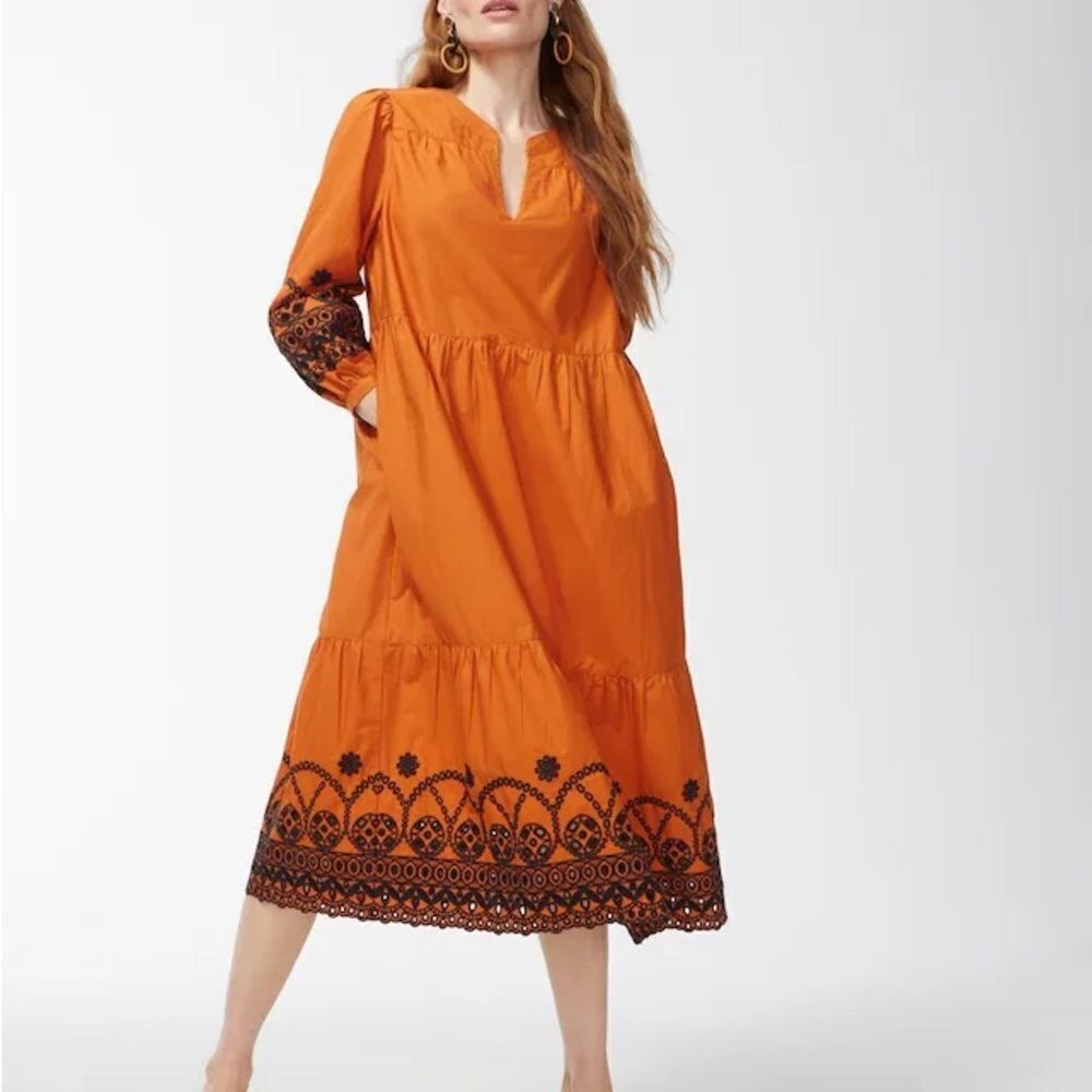 Chico’s Balloon Sleeve with Embroidery Midi Dress Burnished‎ Clay Size 1 NWT